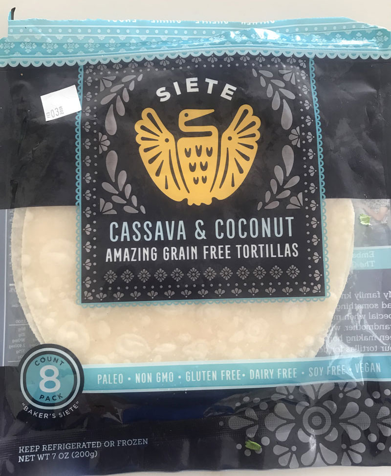 A package of eight tortillas with the label for cassava and coconut.